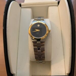 Movado Ladies Polished Gold Tone & Stainless Steel Bracelet Museum Watch 6"Wrist